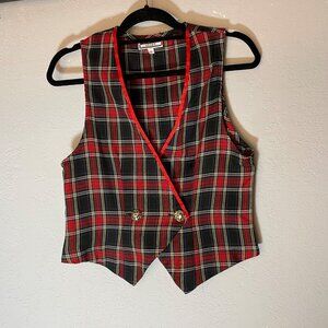 VTG Karlie Sport 90s Red Plaid Vest Gold Buttons Sz S